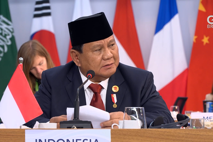 Presiden RI Prabowo Subianto saat berbicara di hadapan para pemimpin negara G20 di sesi pertama Konferensi Tingkat Tinggi (KTT) G20. (Dok. Tim Media Prabowo)